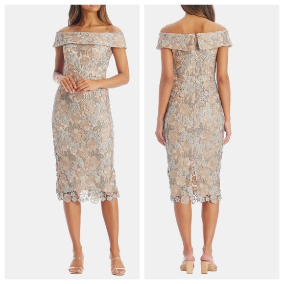 XSCAPE Womens Gold Lace Pouf Sleeve Boat Neck Midi Sheath Dress main image 0